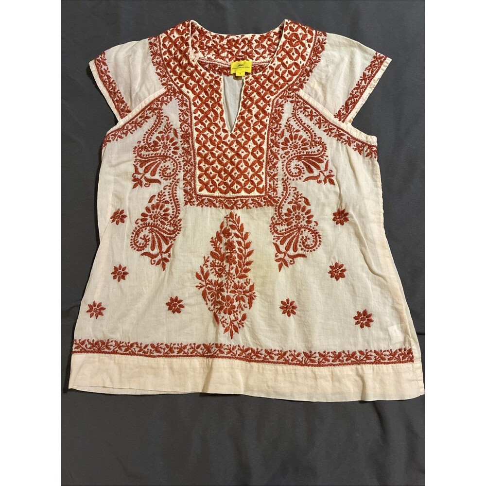 Roberta Roller Rabbit Embroidered Blouse Burnt Orange Boho Festival Western Sz S